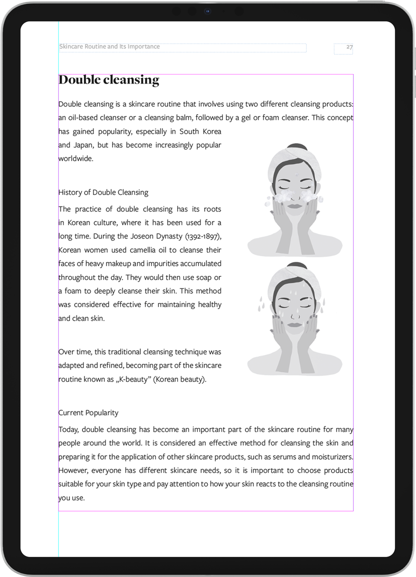 Illustration of a woman performing a double cleansing skincare routine, gently massaging her face with a foamy cleanser. The page includes a section explaining the history and benefits of double cleansing.
