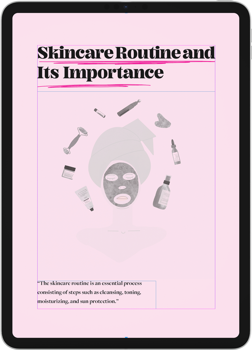 A stylized skincare-themed illustration of a woman with a towel wrapped around her head and a facial mask, surrounded by various skincare products like serums, creams, and beauty tools. The page title reads “Skincare Routine and Its Importance.