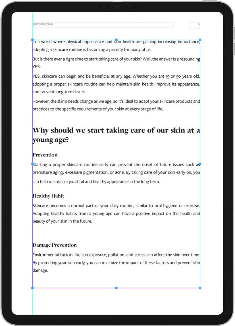 Text-heavy page discussing the importance of starting a skincare routine at a young age. The section highlights benefits such as prevention, healthy habits, and protection against environmental damage.